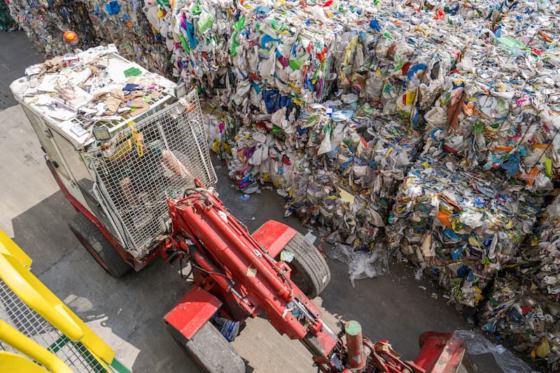 Pogled-odozgo-na-crveni-utovarivac-koji-pomera-bale-plasticnog-otpada-u-reciklaznom-centru.